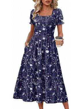 Zeagoo Women's Navy Blue Printed Flowy Casual Short Sleeve Tiered Mid Maxi Dress